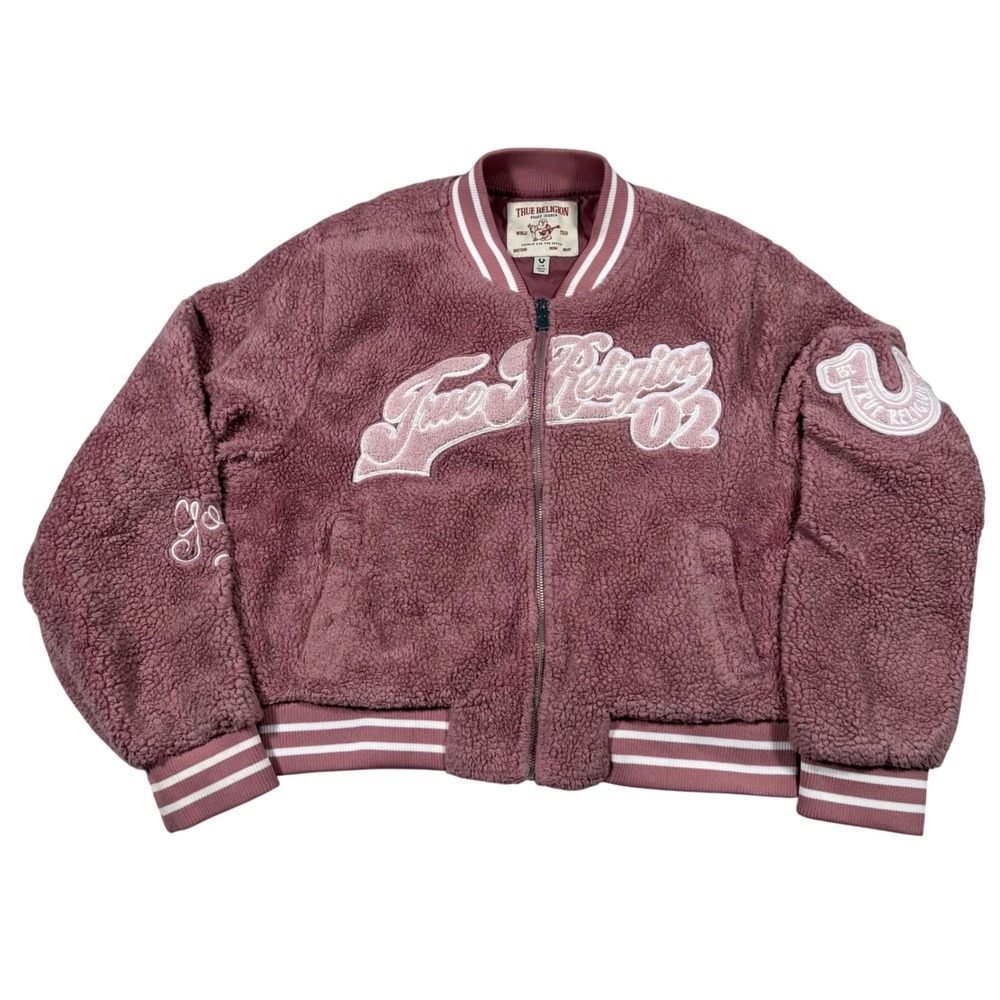 True Religion Bomber Jacket Womens Large Mauve Sherpa Varsity Logo Zip Up Coat